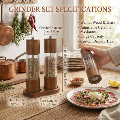 8-Inch Wooden Salt & Pepper Grinder Set, 2-Piece Manual Mills with Adjustable Ceramic Core and Stand
