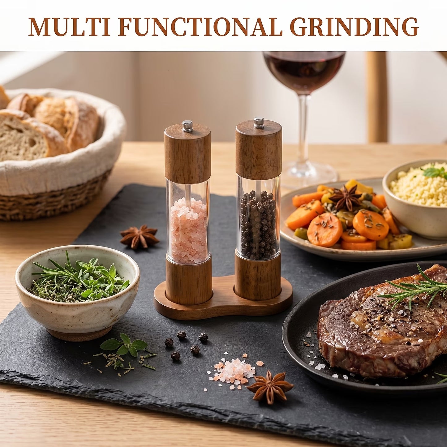 8-Inch Wooden Salt & Pepper Grinder Set, 2-Piece Manual Mills with Adjustable Ceramic Core and Stand