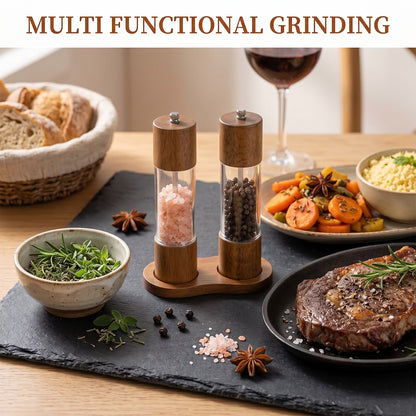 8-Inch Wooden Salt & Pepper Grinder Set, 2-Piece Manual Mills with Adjustable Ceramic Core and Stand