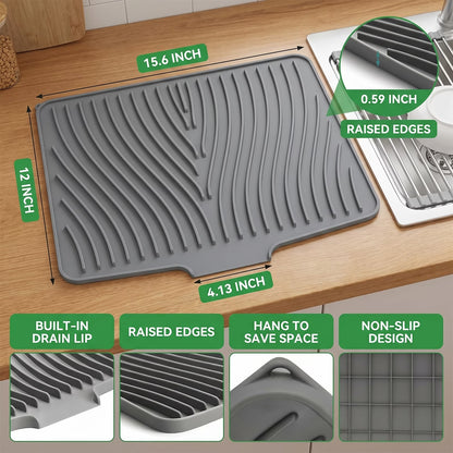 Silicone Dish Drying Mat for Kitchen Counter — Suitable for Sink Side, Coffee Bar, Baby Bottle Drying, or Pet Feeding Area, 16×12 In, Grey