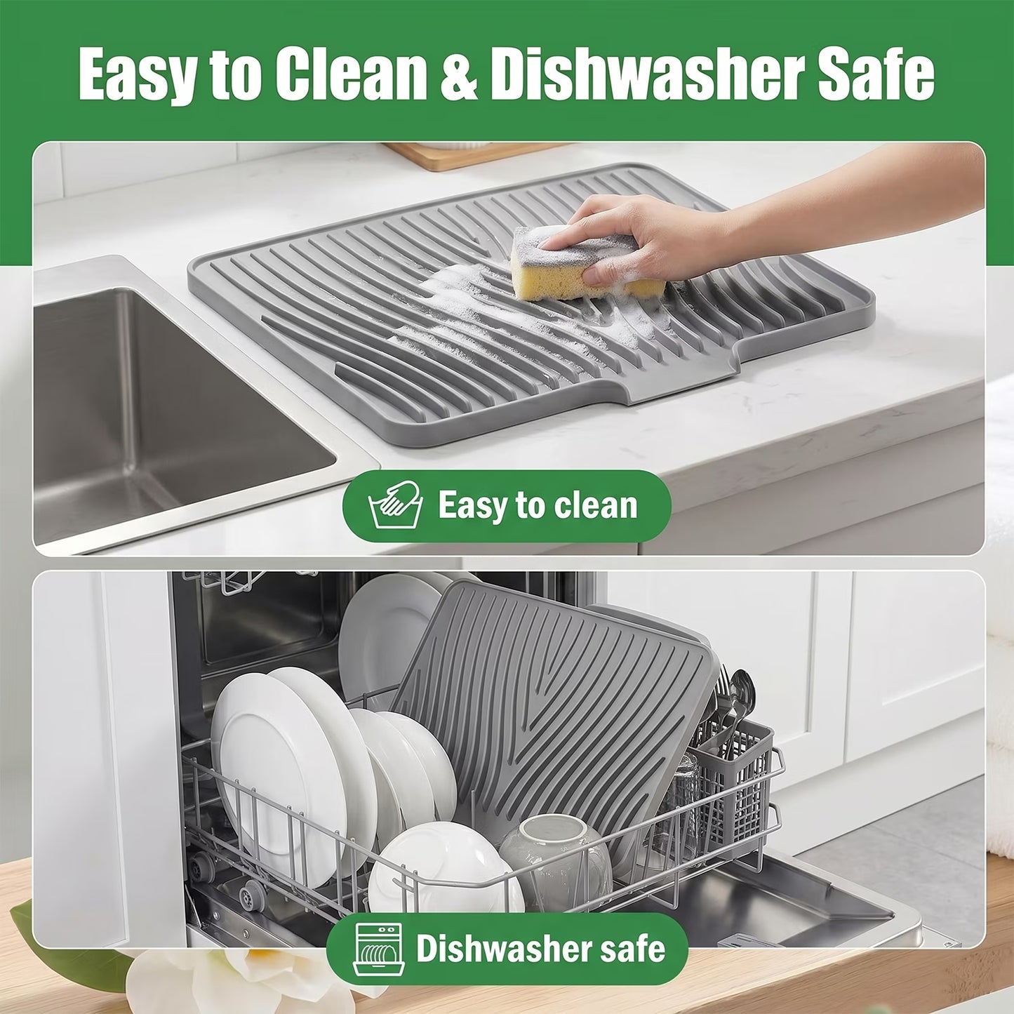 Silicone Dish Drying Mat for Kitchen Counter — Suitable for Sink Side, Coffee Bar, Baby Bottle Drying, or Pet Feeding Area, 16×12 In, Grey