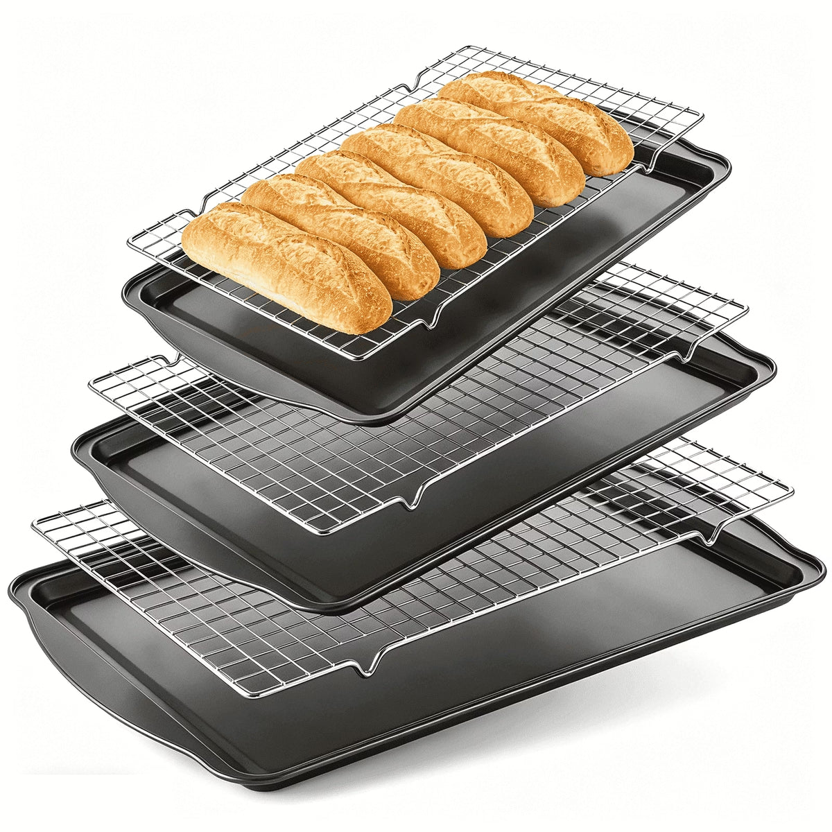 6-Piece Baking Sheet & Cooling Rack Set – Carbon Steel Nonstick, 13/15/17 Inch, Stackable