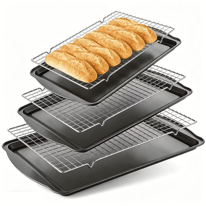 6-Piece Baking Sheet & Cooling Rack Set – Carbon Steel Nonstick, 13/15/17 Inch, Stackable