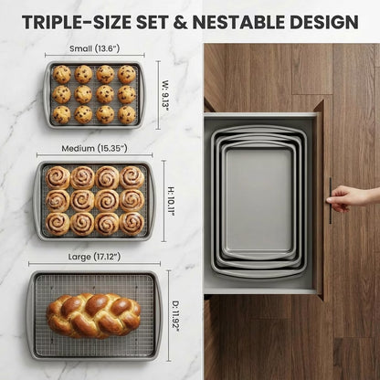 6-Piece Baking Sheet & Cooling Rack Set – Carbon Steel Nonstick, 13/15/17 Inch, Stackable