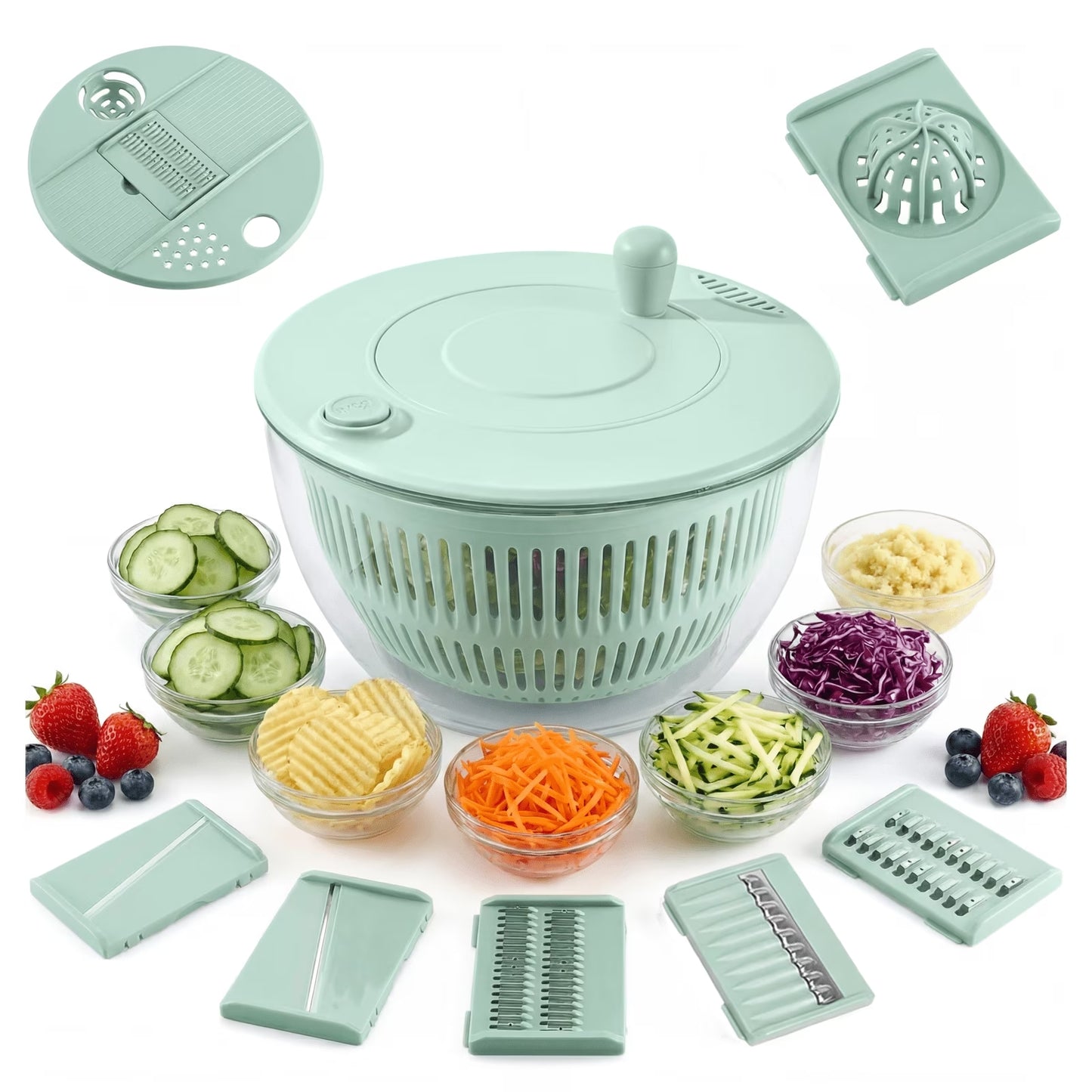 Large Salad Spinner And Slicer - 5.3 Qt, 3-In-1 Fruit And Vegetable Wash Bowl, Lettuce Spinner With 5-Blade Slicer And Egg Strainer for Quick Salad Making (Green)