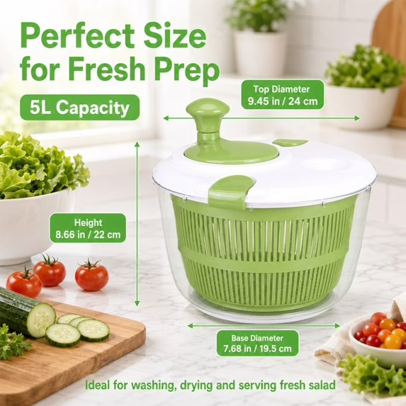5-Quart Salad Spinner, Lettuce Spinner & Fruit Washer with Removable Colander, Multi-Use Vegetable Washer & Dryer, Dishwasher Safe