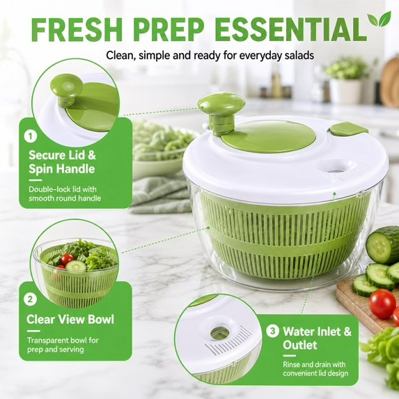 5-Quart Salad Spinner, Lettuce Spinner & Fruit Washer with Removable Colander, Multi-Use Vegetable Washer & Dryer, Dishwasher Safe