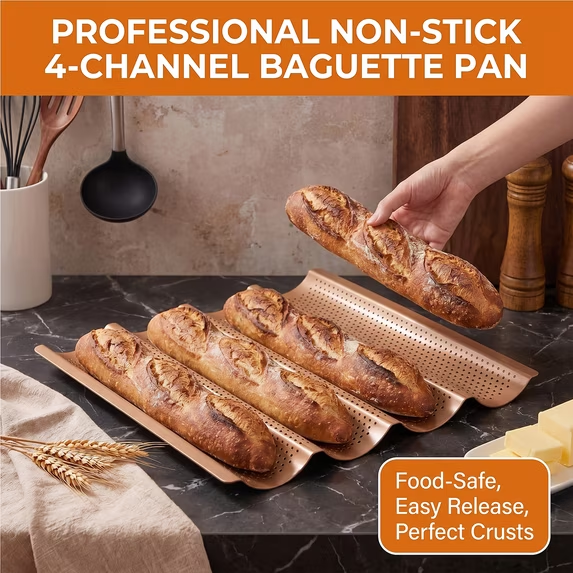 2-Pack Baguette Pan – Perforated Nonstick, 4 Loaves Each, with Proofing Cloth, 15"x13" Gold