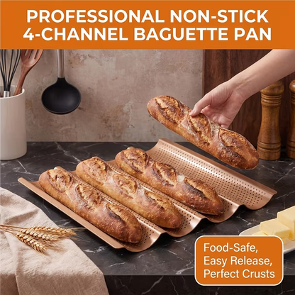 2-Pack Baguette Pan – Perforated Nonstick, 4 Loaves Each, with Proofing Cloth, 15"x13" Gold