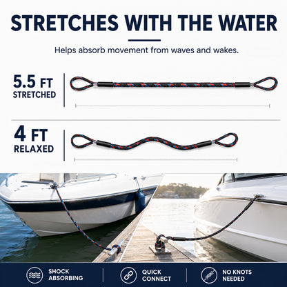 4Ft Bungee Dock Lines for Boats, Shock Absorbing Mooring Ropes Featuring Quick Connect Structure to Skip Extra Knot-Tying, Versatile Marine Accessories Suitable for Pontoon, Bass Boat and Jet Ski