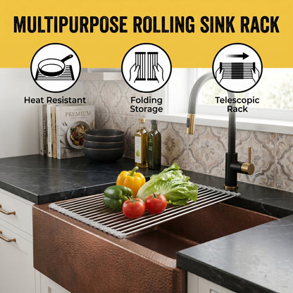 Roll Up Dish Drying Rack, 18.5 x 15.7 Inch Stainless Steel Foldable Over Sink Organizer with Anti-Slip Edges for Kitchen Sink