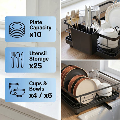 Metal Dish Drying Rack for Kitchen Counter (15.6" × 12") — Black Coated Steel with Removable Utensil Holder & Swivel Drainboard