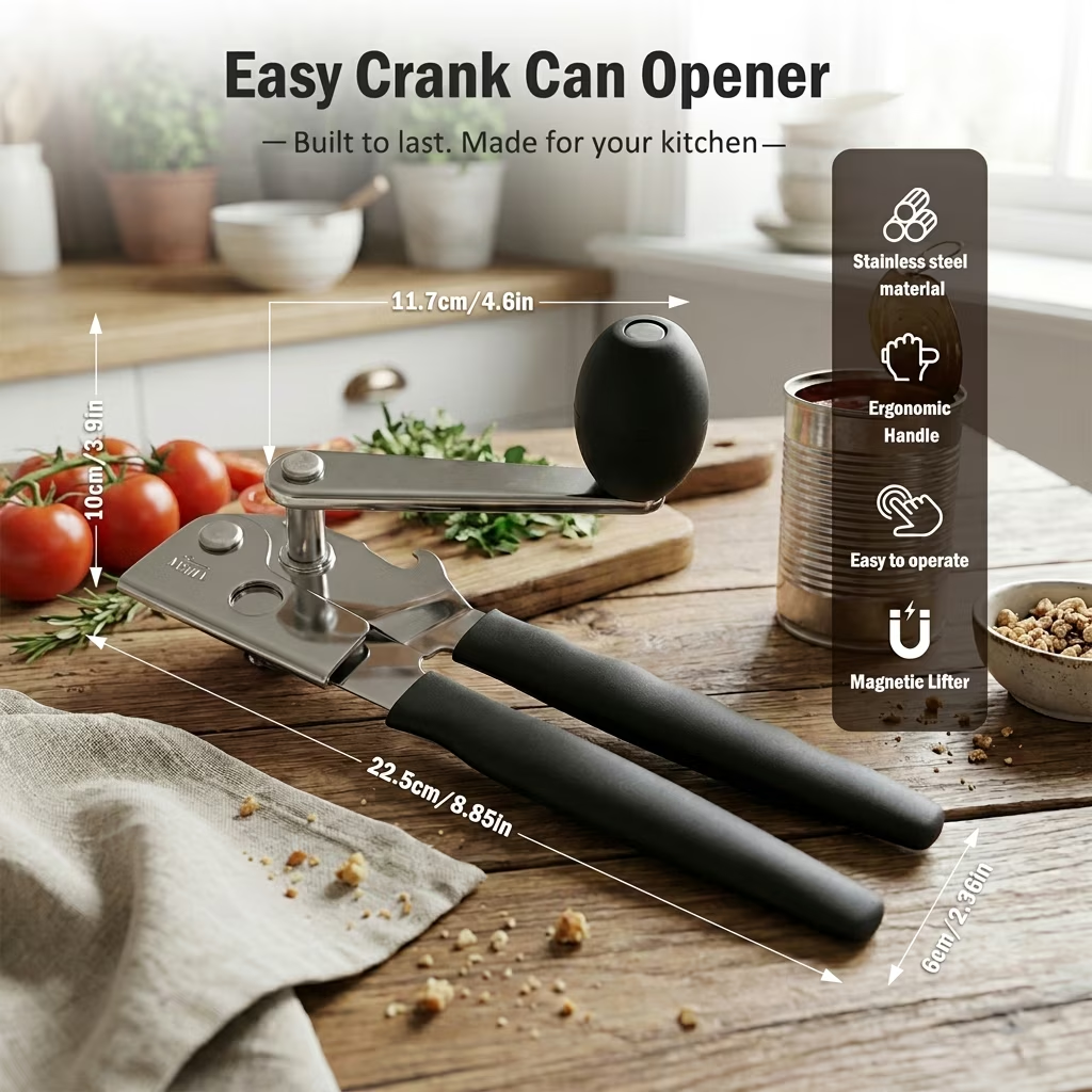 Manual Commercial Can Opener, Stainless Steel Smooth Edge Cutting, Handheld with Easy Crank Handle, Black Non-Slip Grip, Built-in Bottle Opener, Suitable for Home, Kitchen & Restaurant Use