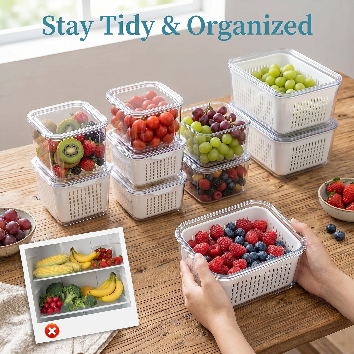 5-Pack Fruit Storage Containers for Refrigerator, Airtight Food Organizer with Double Layer Drain Design