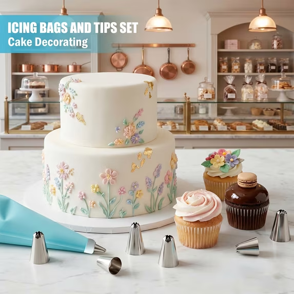 Piping Bags and Tips Set, 2 Reusable Pastry Bags, 24 Piping Tips, 2 Couplers and 3 Cake Scrapers, Piping Kit, Icing Bags and Tips Set for Cupcakes and Cookies
