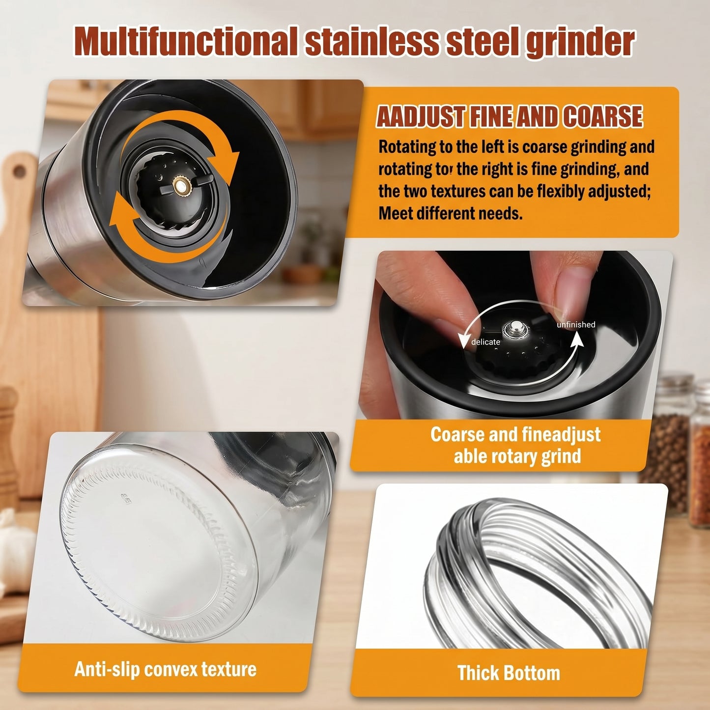 2-Pack Stainless Steel Pepper Grinder Set, Adjustable Coarseness Spice Mill, Salt Grinder for Sea Salt and Pepper