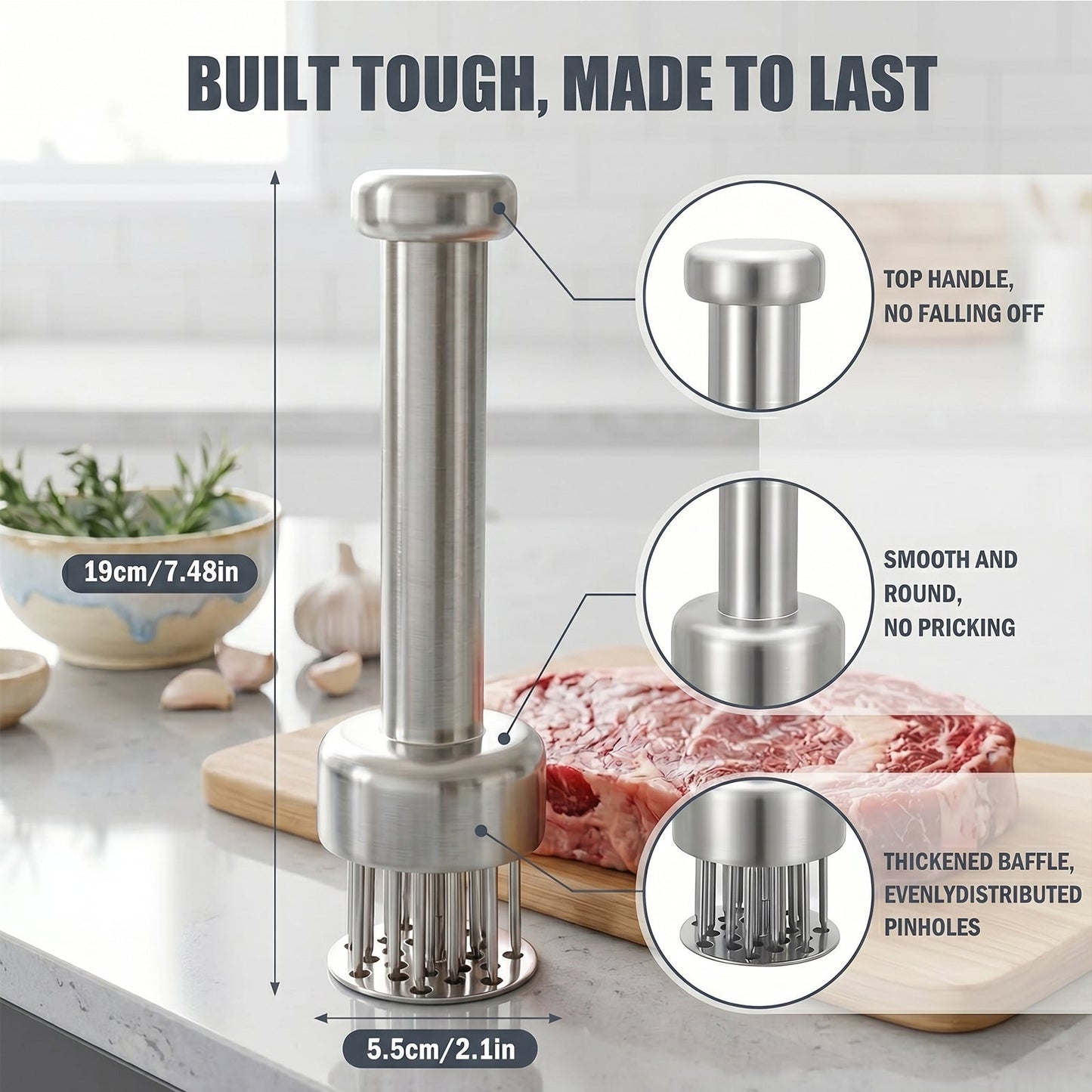 21-Needle Meat Tenderizer Tool - 304 Stainless Steel Manual Meat Prep for Beef, Pork & Chicken, Spring-Loaded Kitchen Tenderizer with Cleaning Brush