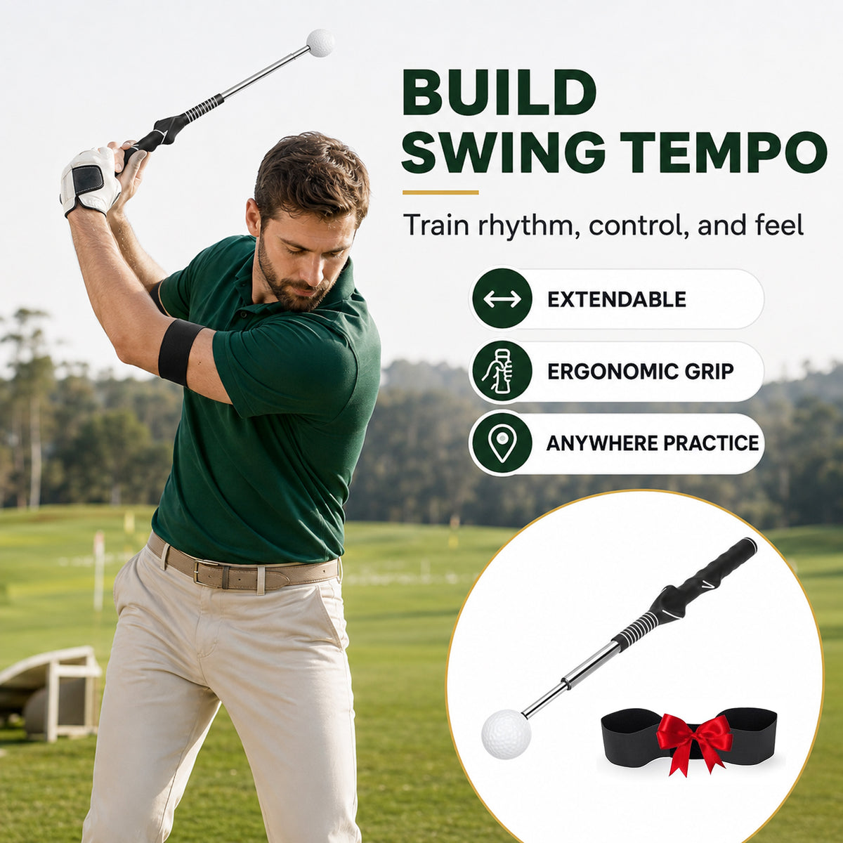 Retractable Golf Swing Trainer, Telescopic Tempo Stick Golf Training Aid Equipped with Golf Grip Trainer and Arm Band, Portable Golf Warm-Up Tool for Indoor Use and Golf Swing Posture Practice