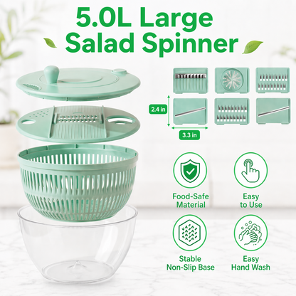 Large Salad Spinner And Slicer - 5.3 Qt, 3-In-1 Fruit And Vegetable Wash Bowl, Lettuce Spinner With 5-Blade Slicer And Egg Strainer for Quick Salad Making (Green)