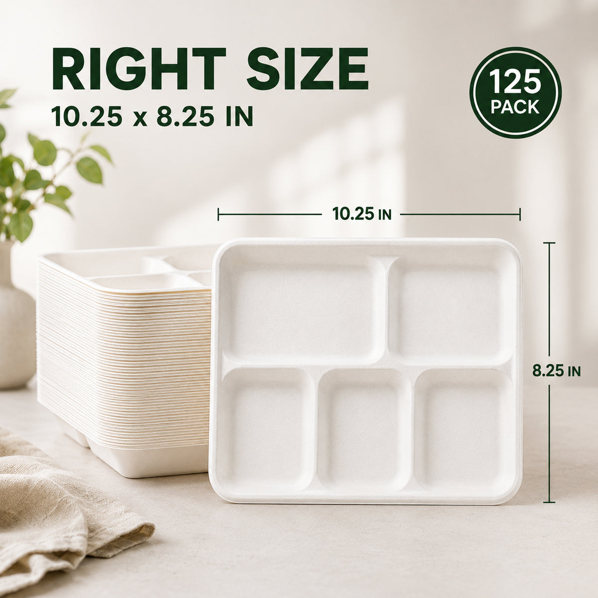 100 Pack Plant-Based 5-Compartment Disposable Plates, Divided Paper Dinner Plates for Party, Catering & Special Events