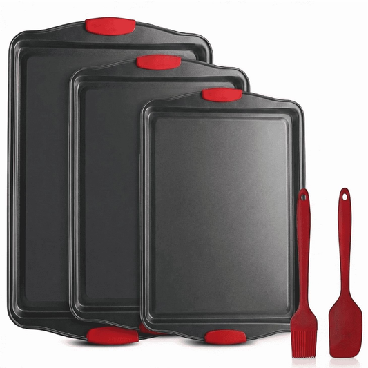 Baking Sheet Set 3 Piece, Nonstick Cookie Sheets with Silicone Handles, Professional Kitchen Bakeware Ideal for Baking, Roasting, Meal Prep and Family Sheet Pan Dinners