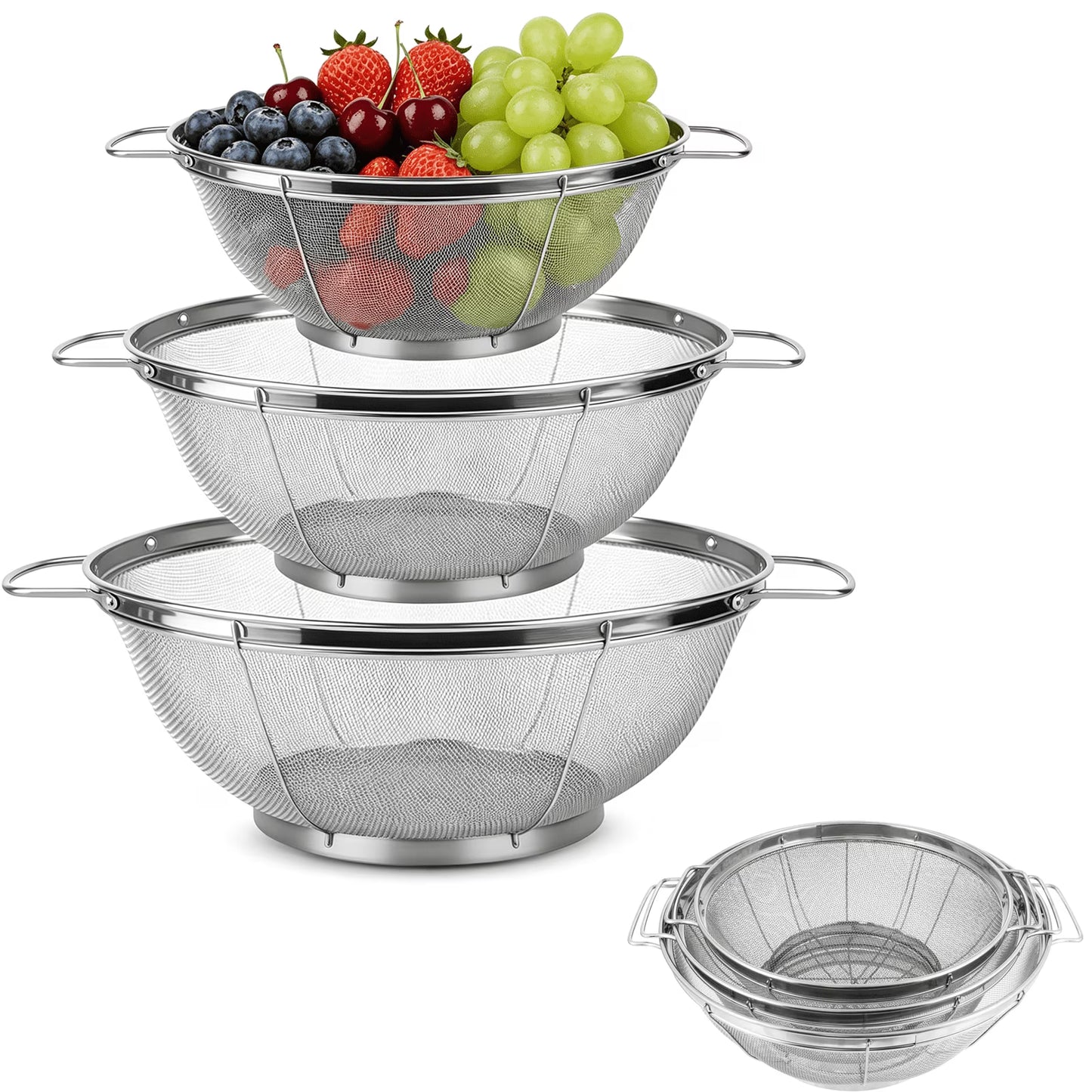 3 Pack Stainless Steel Colander, Colander with Handles and Resting Base, Mesh Strainers for Kitchen – 3 Sizes (3,4,5 Quart), Dishwasher Safe