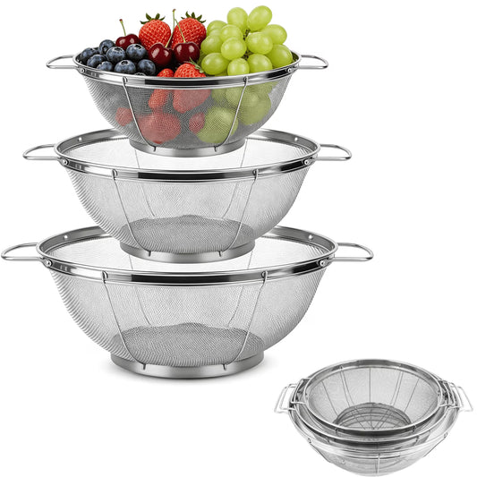 3 Pack Stainless Steel Colander, Colander with Handles and Resting Base, Mesh Strainers for Kitchen – 3 Sizes (3,4,5 Quart), Dishwasher Safe