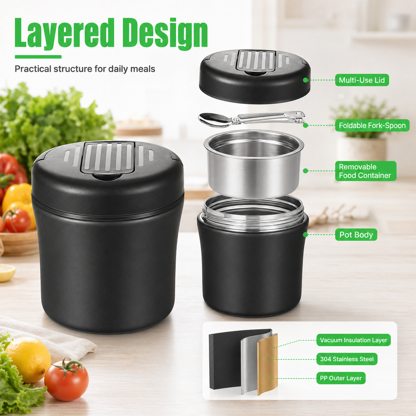 40oz Insulated Food Container, Leakproof Wide Mouth Stainless Steel Vacuum Insulated Food Container, 304 Stainless Steel Soup Container with Portable Handle for Travel and Daily Use