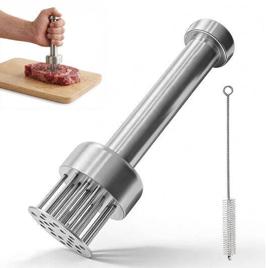 Meat Tenderizer Tool, 304 Stainless Steel 21-Needle Meat Tenderizer for Steak, Chicken, Beef and Pork, Spring-Loaded Manual Meat Tenderizer with Cleaning Brush, Compact Kitchen BBQ Marinade Tool