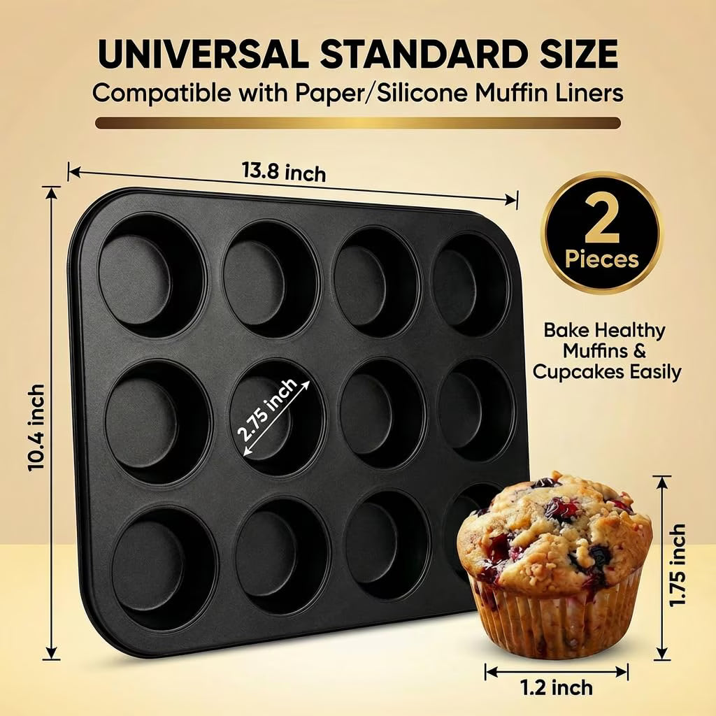 2 Pack Muffin Tin and Cupcake Pan Set, 12 Cup Nonstick Cupcake Pans for Baking, Carbon Steel Muffin Trays, Egg Muffin Maker, Mini Quiche Pan