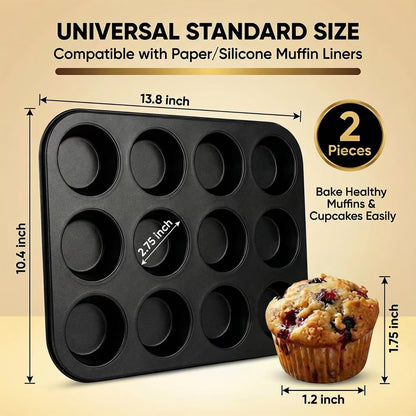 2 Pack Muffin Tin and Cupcake Pan Set, 12 Cup Nonstick Cupcake Pans for Baking, Carbon Steel Muffin Trays, Egg Muffin Maker, Mini Quiche Pan