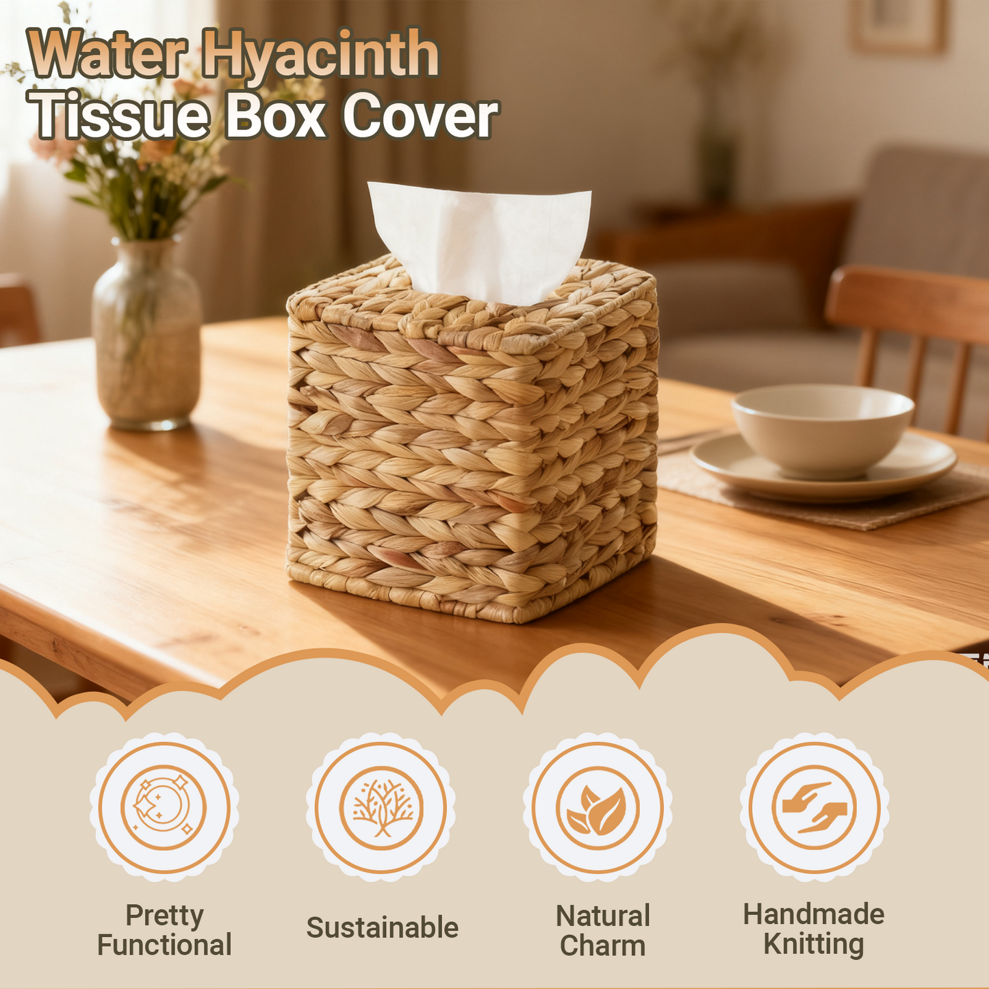 1 Pack Square Rattan Tissue Box Cover, Handwoven Water Hyacinth Tissue Holder, Boho Decorative Napkin Box, Durable Natural Wicker for Bathroom, Kitchen, Living Room & Bedroom