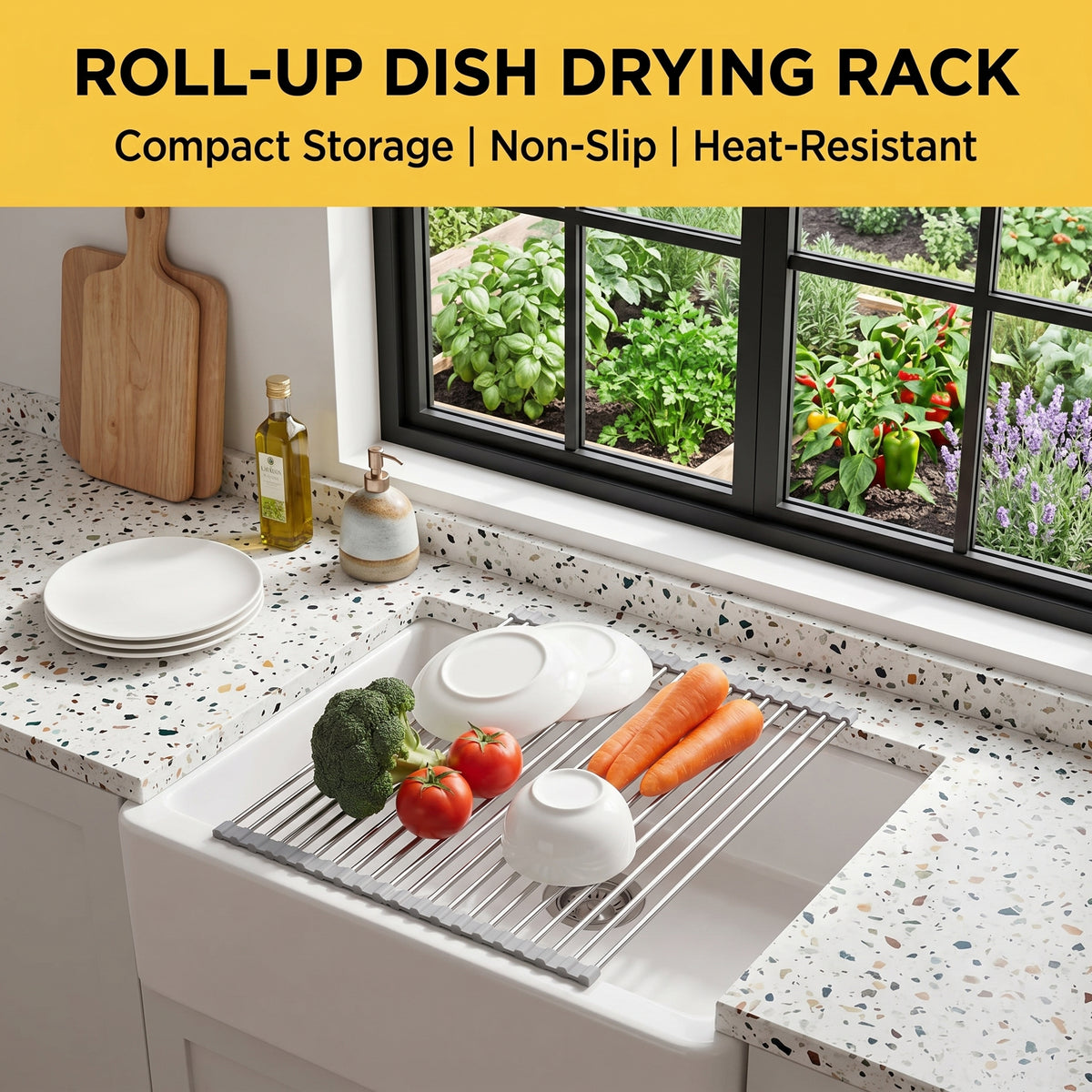 Roll Up Dish Drying Rack, 18.5 x 15.7 Inch Stainless Steel Foldable Over Sink Organizer with Anti-Slip Edges for Kitchen Sink