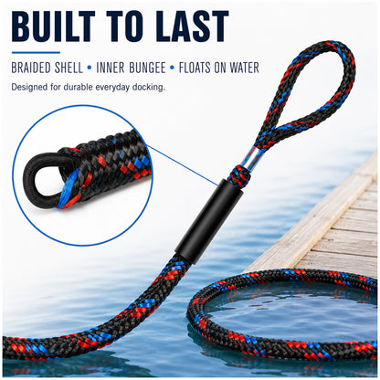 4Ft Bungee Dock Lines for Boats, Shock Absorbing Mooring Ropes Featuring Quick Connect Structure to Skip Extra Knot-Tying, Versatile Marine Accessories Suitable for Pontoon, Bass Boat and Jet Ski