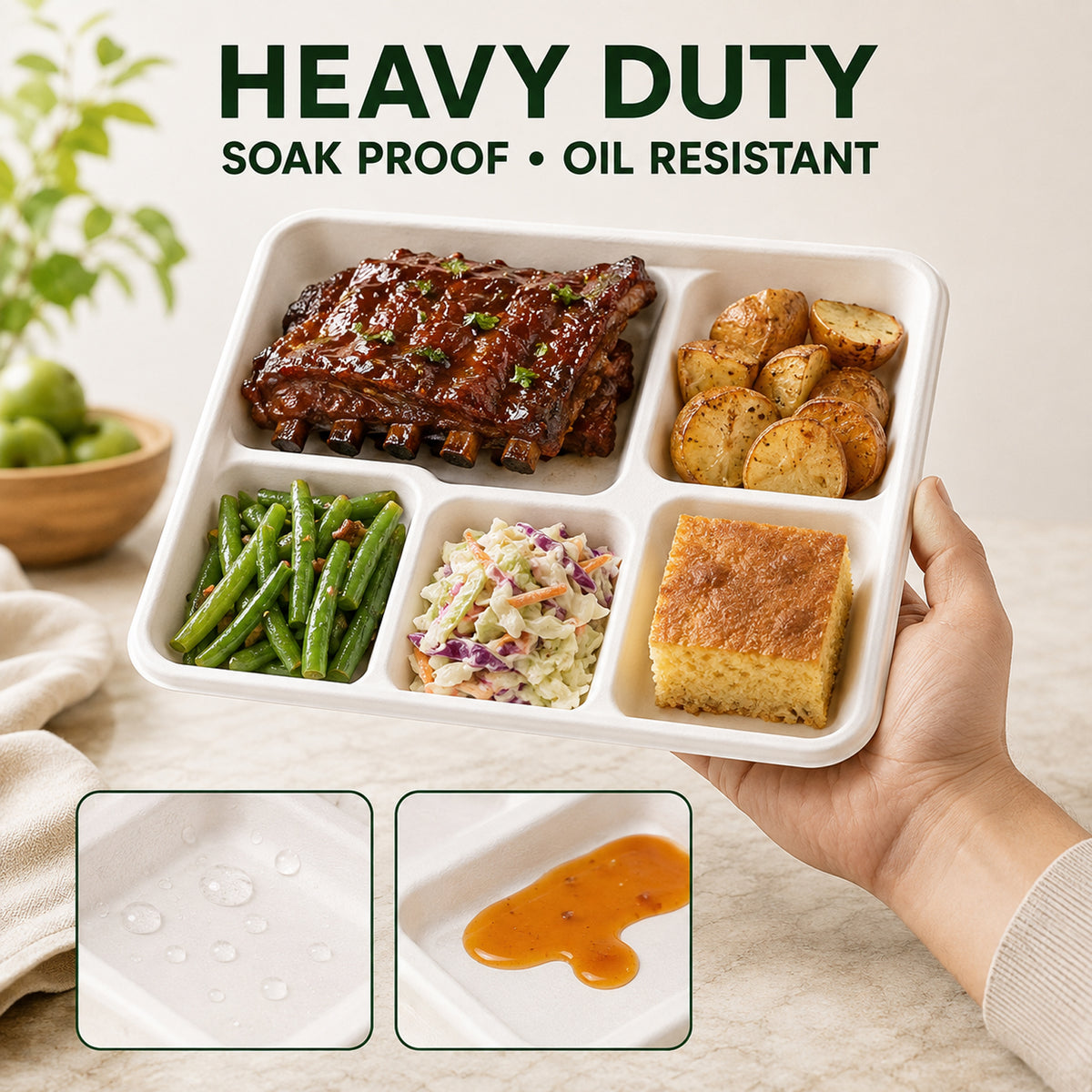 100 Pack Plant-Based 5-Compartment Disposable Plates, Divided Paper Dinner Plates for Party, Catering & Special Events