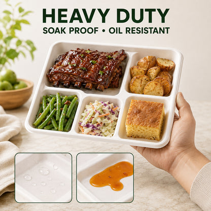 100 Pack Plant-Based 5-Compartment Disposable Plates, Divided Paper Dinner Plates for Party, Catering & Special Events