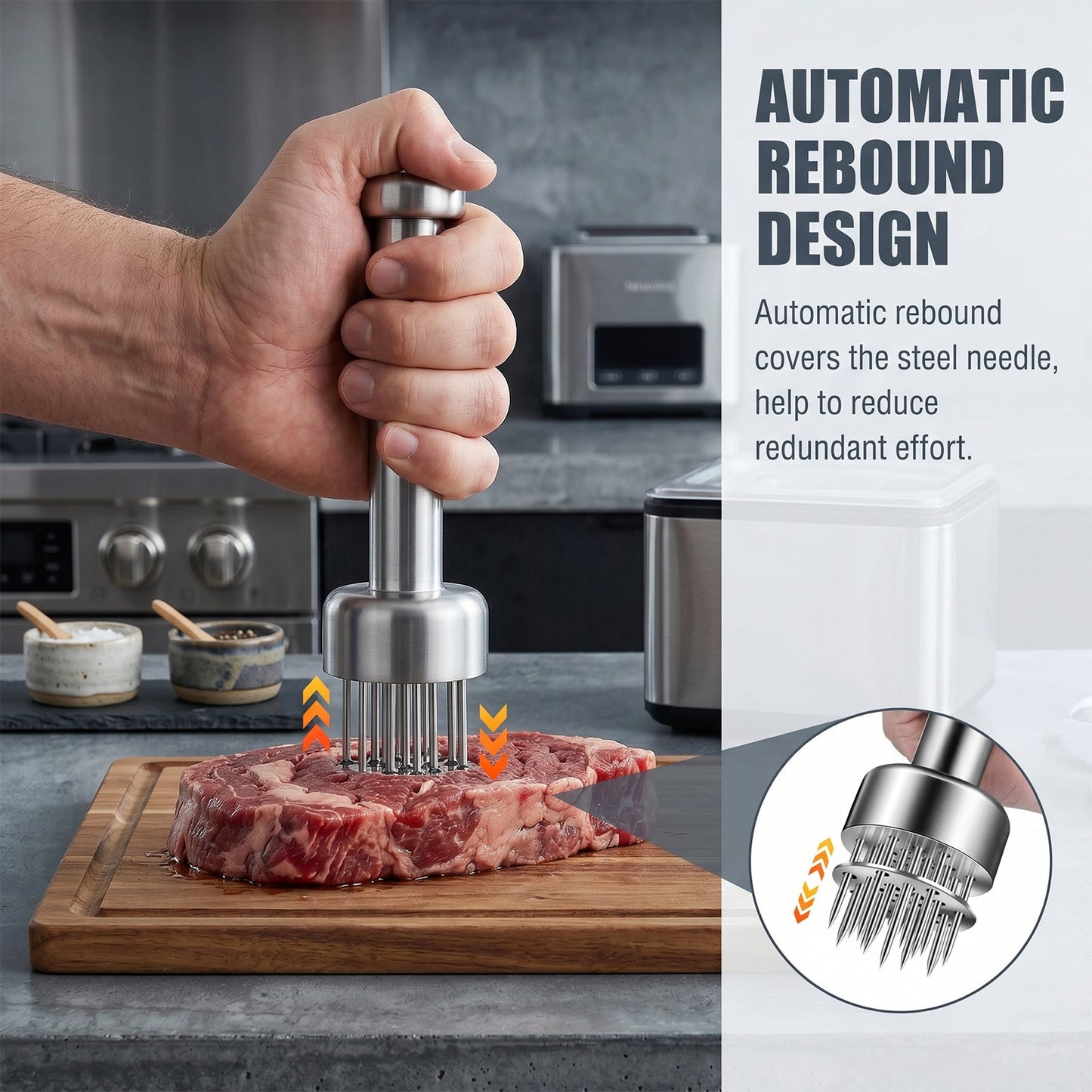 21-Needle Meat Tenderizer Tool - 304 Stainless Steel Manual Meat Prep for Beef, Pork & Chicken, Spring-Loaded Kitchen Tenderizer with Cleaning Brush