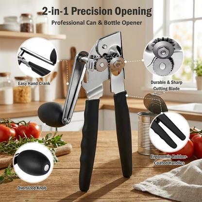 Manual Commercial Can Opener, Stainless Steel Smooth Edge Cutting, Handheld with Easy Crank Handle, Black Non-Slip Grip, Built-in Bottle Opener, Suitable for Home, Kitchen & Restaurant Use