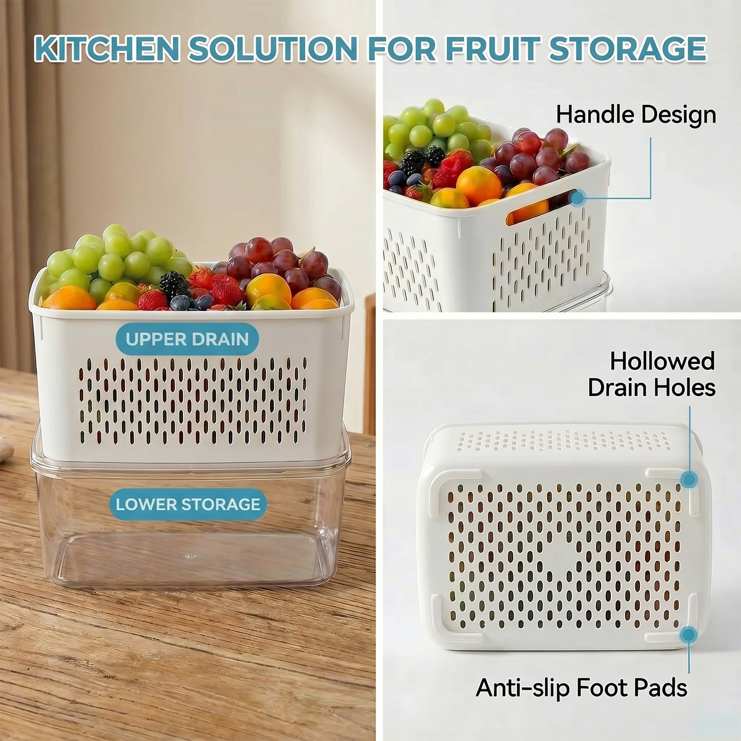 5-Pack Fruit Storage Containers for Refrigerator, Airtight Food Organizer with Double Layer Drain Design