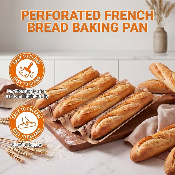 2-Pack Baguette Pan – Perforated Nonstick, 4 Loaves Each, with Proofing Cloth, 15"x13" Gold