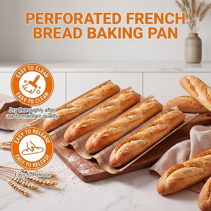 2-Pack Baguette Pan – Perforated Nonstick, 4 Loaves Each, with Proofing Cloth, 15"x13" Gold