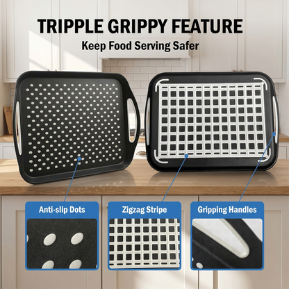 1 Pack Large Non-Slip Serving Tray with Handles, Rubber Grippy Lap Food Tray, Dishwasher Safe for Meals, Snacks and Drinks