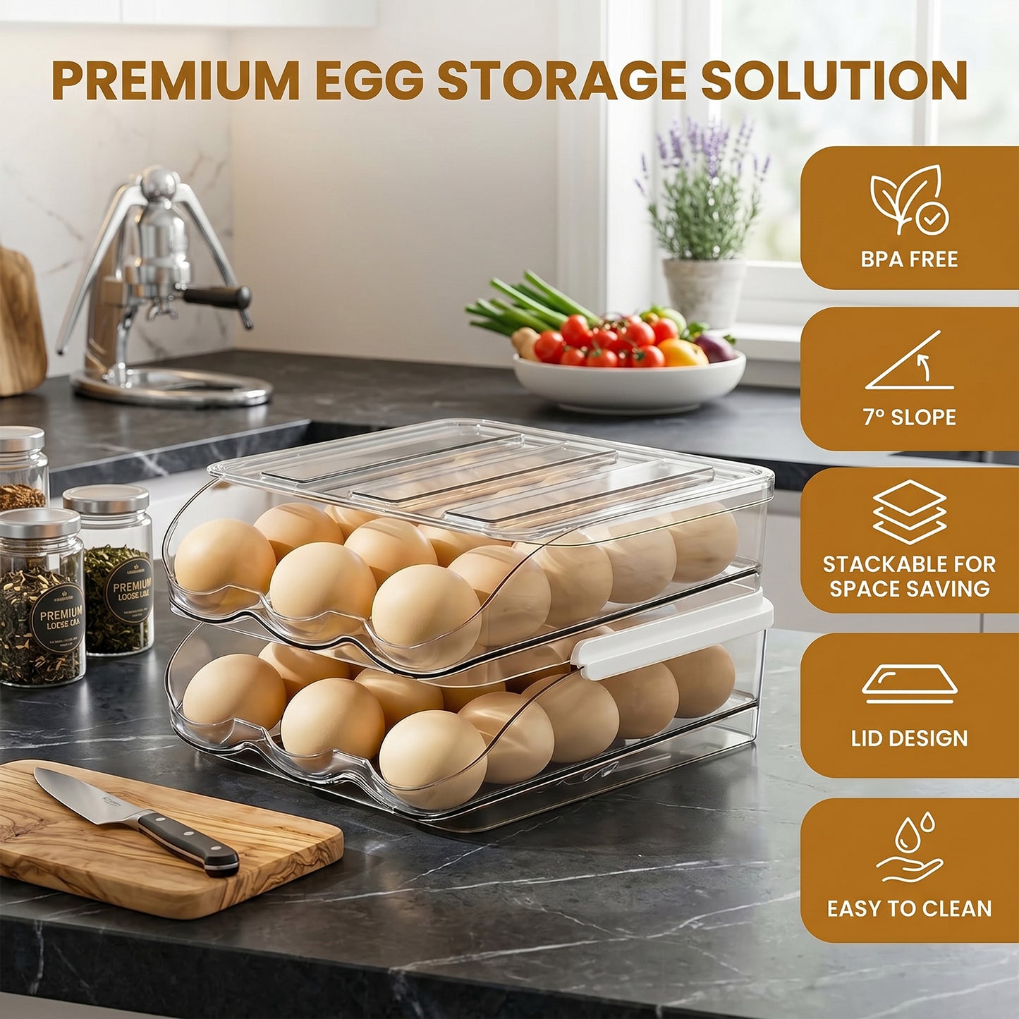 2 Tier Egg Holder, Clear Plastic Stackable Storage Bin with Lid, Large Capacity Organizer for Refrigerator and Countertop, Sturdy Container to Store 36 Eggs for Kitchen Use