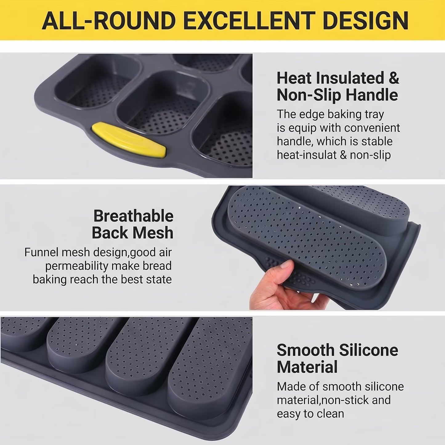 Silicone Baguette Bread Pan, Nonstick French Bread & Hot Dog Bun Mold, Foldable Loaf Pan for Hoagie Rolls, Dishwasher Safe, Easy Release – 3 Pack