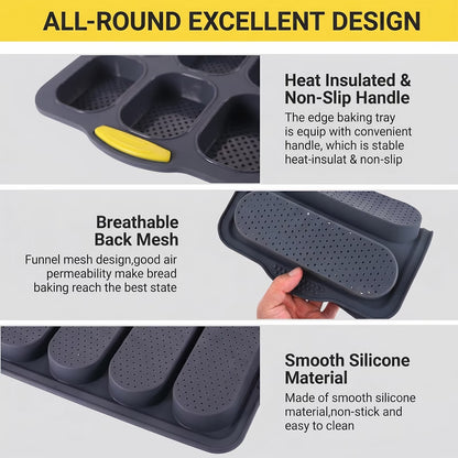 Silicone Baguette Bread Pan, Nonstick French Bread & Hot Dog Bun Mold, Foldable Loaf Pan for Hoagie Rolls, Dishwasher Safe, Easy Release – 3 Pack