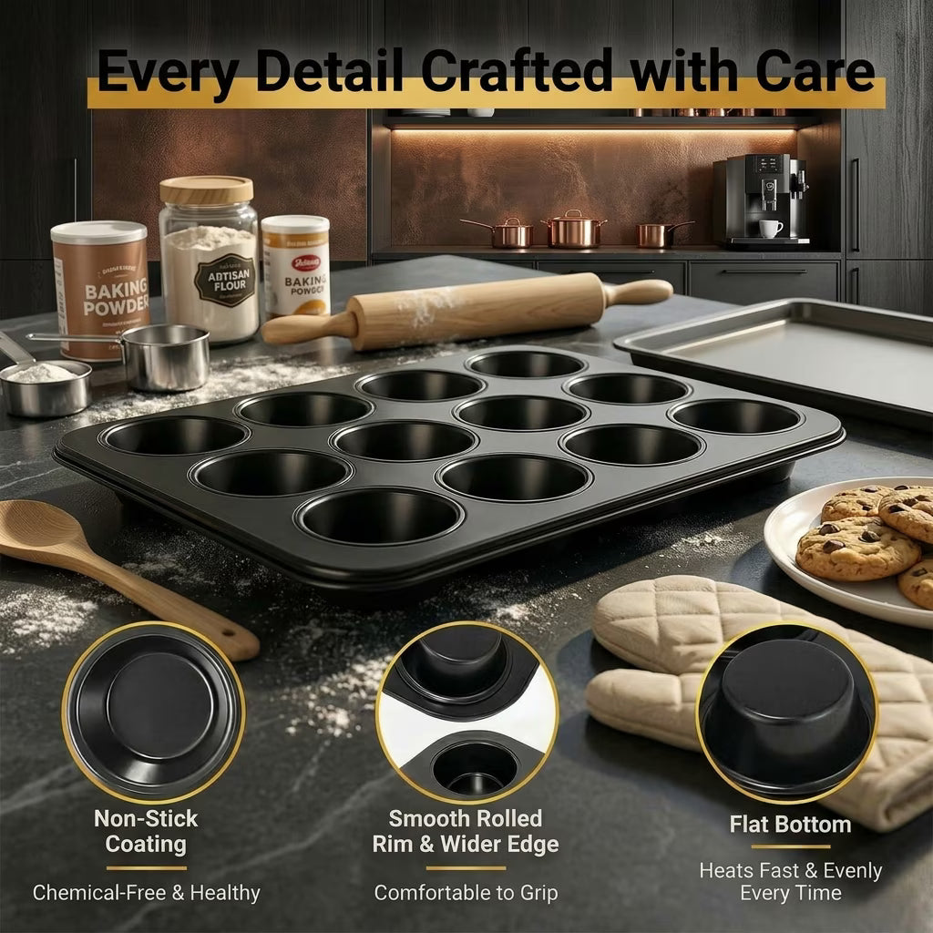 2 Pack Muffin Tin and Cupcake Pan Set, 12 Cup Nonstick Cupcake Pans for Baking, Carbon Steel Muffin Trays, Egg Muffin Maker, Mini Quiche Pan