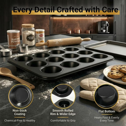2 Pack Muffin Tin and Cupcake Pan Set, 12 Cup Nonstick Cupcake Pans for Baking, Carbon Steel Muffin Trays, Egg Muffin Maker, Mini Quiche Pan