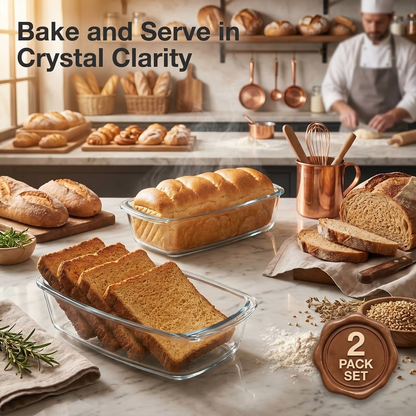 2-Pack Glass Loaf Pan with Lids – Deep 1.9 QT, Clear Baking Dish, Wide Handles, Oven to Fridge