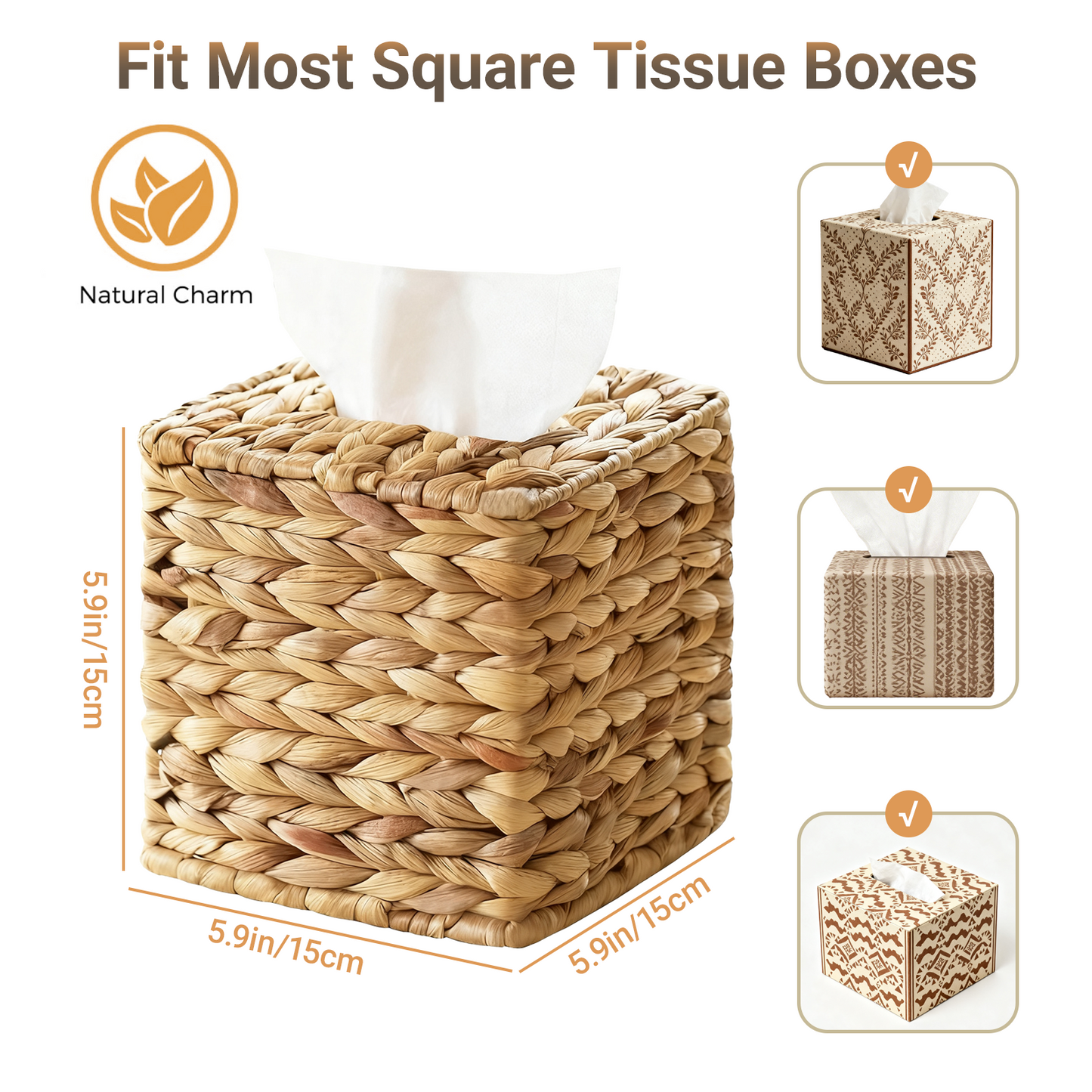 1 Pack Square Rattan Tissue Box Cover, Handwoven Water Hyacinth Tissue Holder, Boho Decorative Napkin Box, Durable Natural Wicker for Bathroom, Kitchen, Living Room & Bedroom