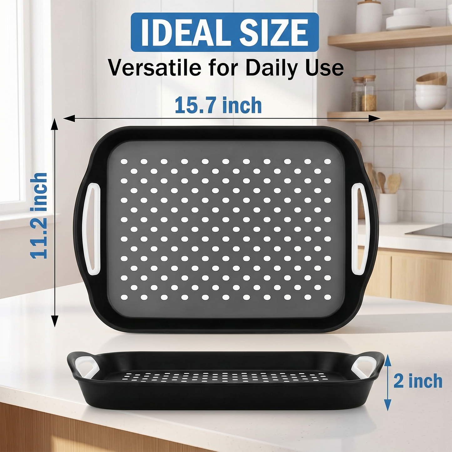 1 Pack Large Non-Slip Serving Tray with Handles, Rubber Grippy Lap Food Tray, Dishwasher Safe for Meals, Snacks and Drinks